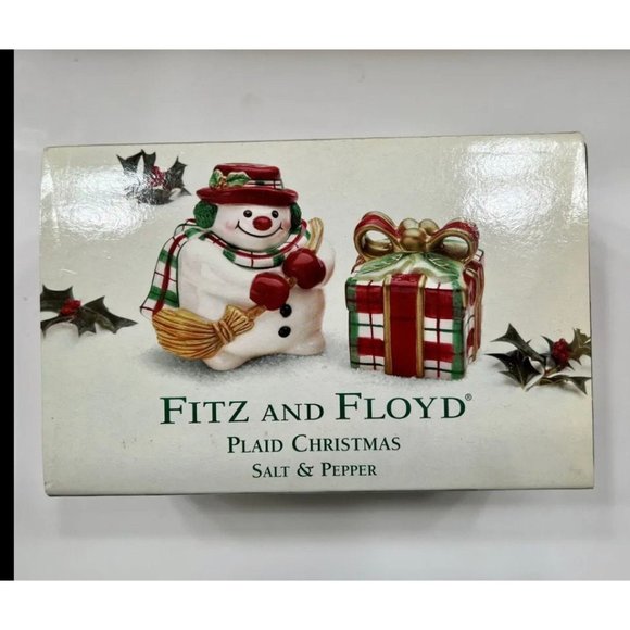 SALT & PEPPER Shaker ~~ Snowman and Gift, Fitz and Floyd Plaid Christmas - Picture 10 of 10